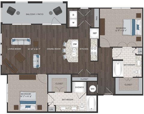 Floor plan for 2 beds, 2 baths, 1312 sqft